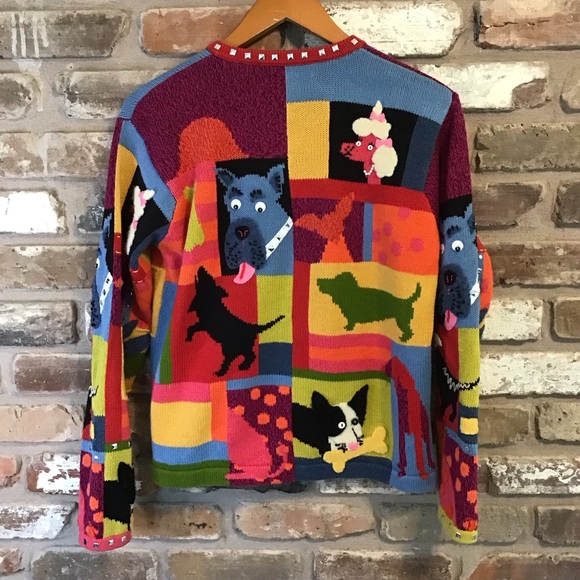 SUSAN BRISTOL VTG Multicolor Dog Whimsy Colorblock Full Zip Cardigan Sweater M - Picture 5 of 6